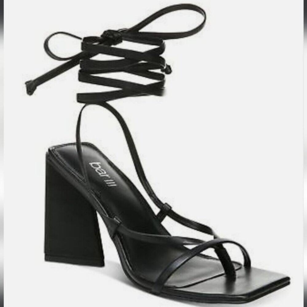 Bar III Alana Geo Heel Lace Up Sandals Black Strappy Square Toe Statement 10